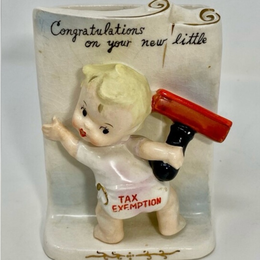 Ucago Congrats on Your Tax Exemption Ceramic Vase by 1950’s Japan Kitsch Baby
